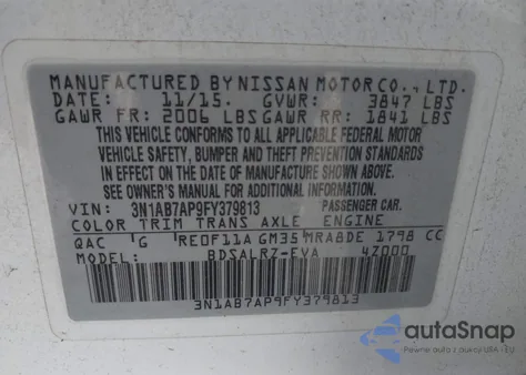 2015 Nissan Sentra Sr from USA, damaged, VIN 3N1AB7AP9FY379813
